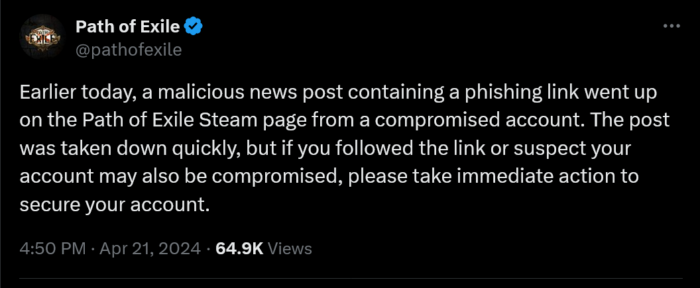 Path of Exile предупреждает о вредоносном фишинговом сообщении, появившемся в Steam